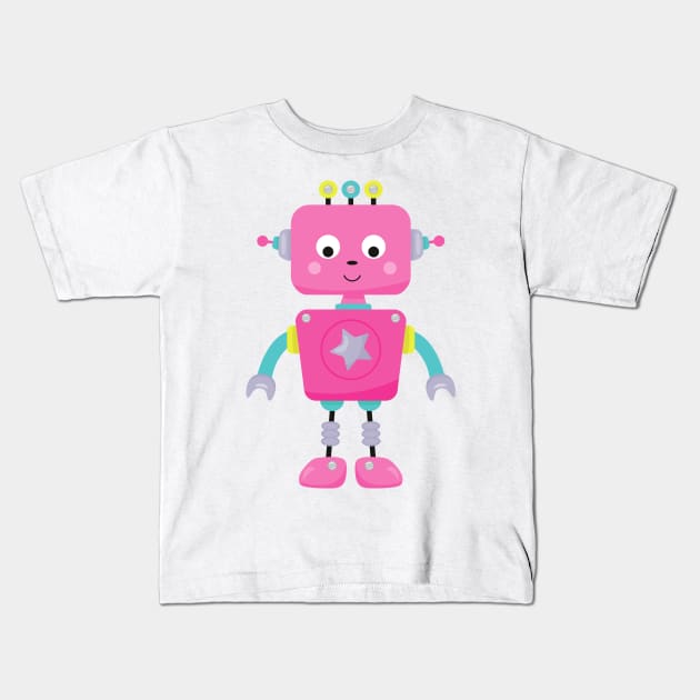 Cute Robot, Funny Robot, Silly Robot, Pink Robot Kids T-Shirt by Jelena Dunčević